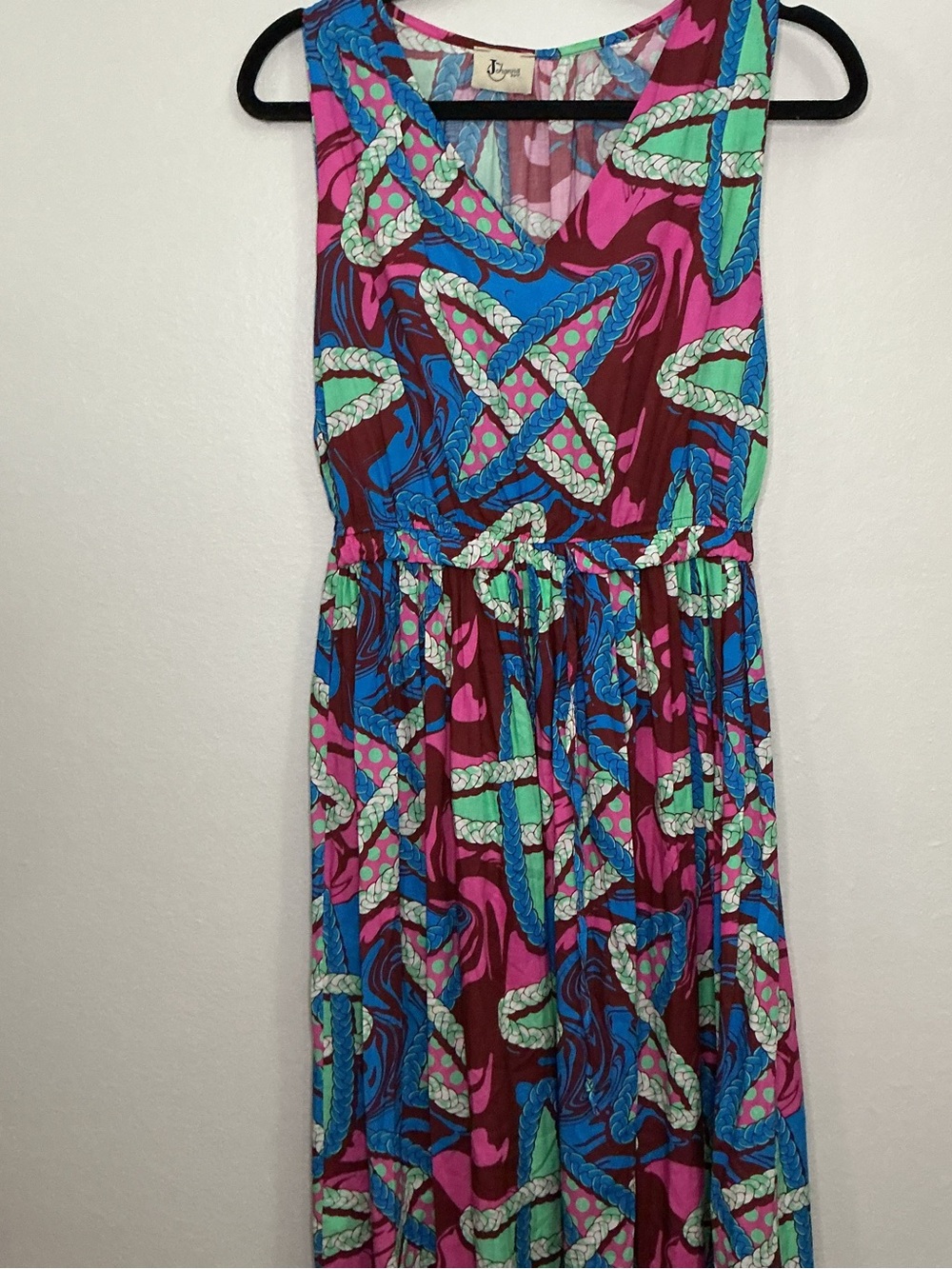 Johanna Paris vibrant Sleeveless Abstract Print Boho Midi Dress made in Italy